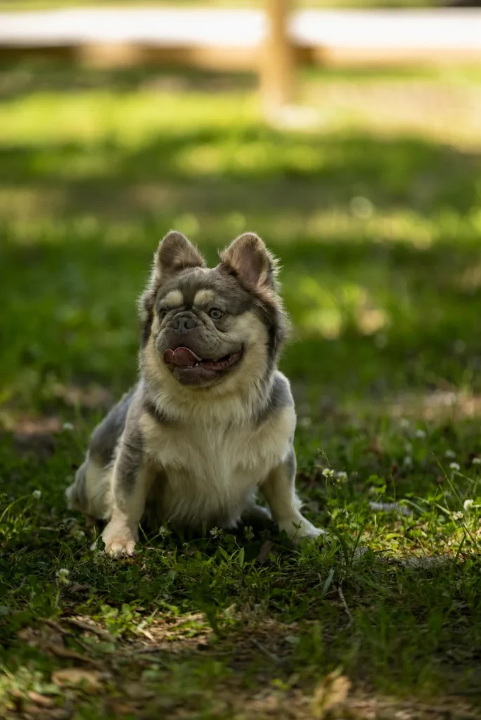 Maverick, a blue and tan French Bulldog stud, standing on the lawn
